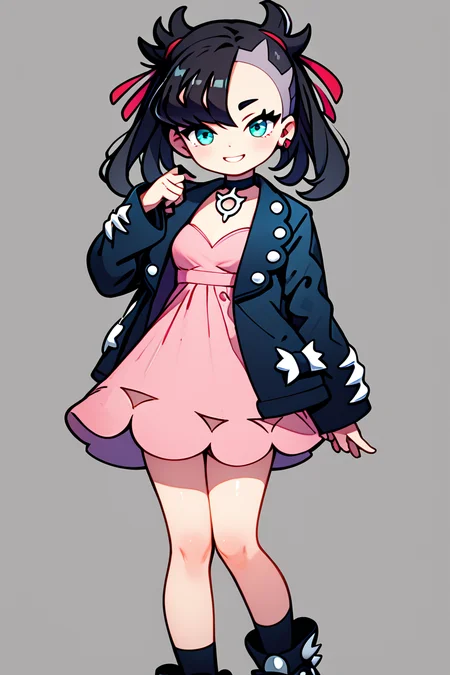 score_9, score_8_up, score_8, medium breasts, (curvy), cute, eyelashes, BREAK, , BREAK, zzMarnie, aqua eyes, black choker, black hair, red ribbon, pink dress, jewelry, black jacket, open clothes, long sleeves, <lora:MarnieP3:0.8>,, socks, big shoes, <lora:CuteToonPDXL:0.8>, , BREAK, smile, looking at viewer, cowboy shot, embedding:zPDXL, Expressiveh, <lora:SDXLFaeTastic2400:0.5>, <lora:Expressive_H-000001:0.4>,
