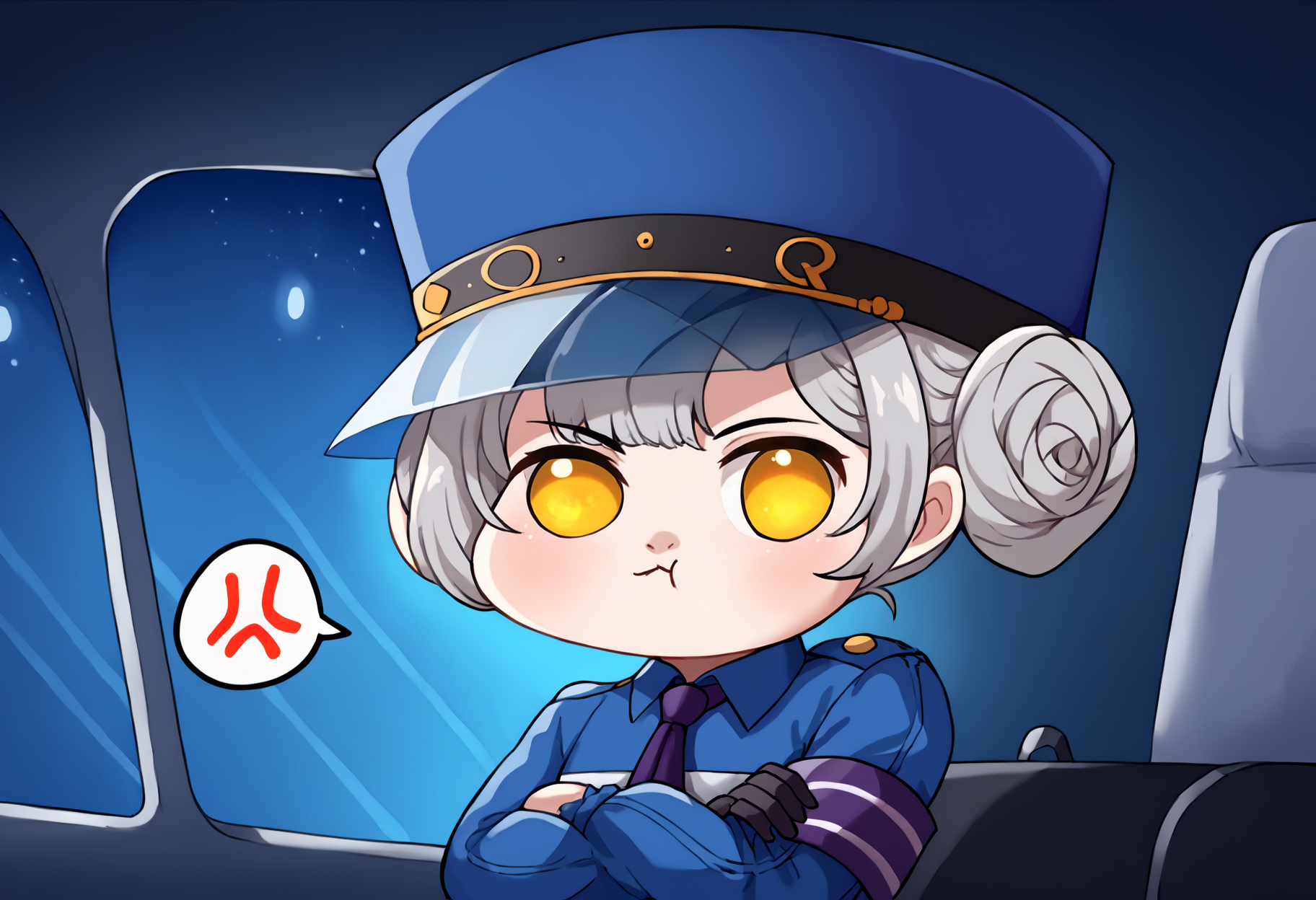 score_9, score_7_up, score_6_up, source_anime, uncensored, zPDXLxxx, <lora:intricate_details:0.5> intricate_details_xl, vehicle interior, vehicle focus, blue car, blue interior, darkness, night, glowing lights, abstract background, dutch angle
<lora:Persona5_Justine_Caroline_v1.0:0.95>  CarolineP5, caroline (persona 5), official outfit, 1girl, yellow eyes, glowing eyes, narrowed eyes, solo, gloves, hat, hair bun, double bun, short hair, eyepatch, black gloves, necktie, upper body, long sleeves, blue headwear, looking at viewer, shirt, grey hair, armband, blue shirt, black skirt, wing collar,
<lora:Doro_X_PDXL_V1:1> doro, creature, chibi, purple eyes, no humans, solid circle eyes, no pupils, full body, spoken anger vein, anger vein,crossed arms,
<lora:Pout_XLPD:1.2> pout, :t, closed mouth