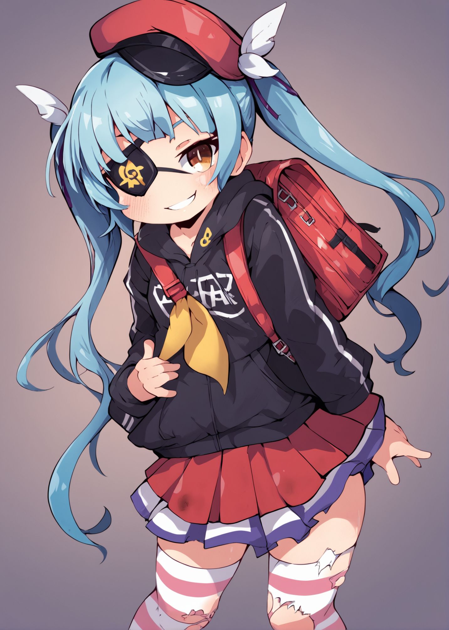 best quality,score_9,score_8_up,score_7_up,score_6_up,rating_explicit,source_anime,original_art (high quality,detailed,beautiful) BREAK,breasts, 1girl, solo, torn clothes, thighhighs, twintails, hat, blue hair, striped, torn thighhighs, smile, eyepatch, looking at viewer, brown eyes, striped thighhighs, long hair, blush, standing, small breasts, skirt, black top, shinsou <lora:shinsou-000055:1>