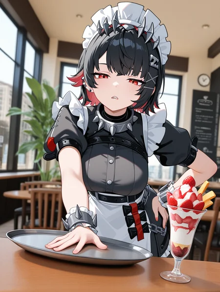 simple background, blurry background, very aesthetic, mixed media, photo background, very awa, perfect composition BREAK indoors,cafe, table, chair, plant, window, BREAK 1girl, solo, zenless zone zero, ellen joe, bored, upper body, maid, hand on own hip, holding tray, parfait, parted lips, sharp teeth, half-closed eyes, red eyes, ear piercing, leaning_forward, foreshortening, from below
,masterpiece,best quality,newest,