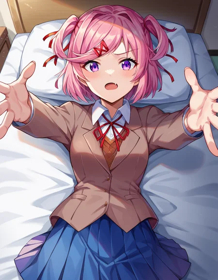 score_9, score_8_up, score_7_up, source_anime,
ddlcnatsuki, <lora:ddlc-natsuki-ponyxl-lora-nochekaiser:1>
ddlcnatsuki, fang, hair ornament, pink hair, purple eyes, short hair, short sidetail, swept bangs, x hair ornament,
blazer, blue skirt, brown jacket, collared shirt, jacket, long sleeves, miniskirt, neck ribbon, pleated skirt, red ribbon, ribbon, school uniform, shirt, skirt, swept bangs, vest, white shirt, wing collar, x hair ornament,
indoors, bed, bed room, on back, arm support, arms up, incoming hug, pov, reaching, reaching towards viewer,
looking at viewer, dutch angle, cowboy shot,