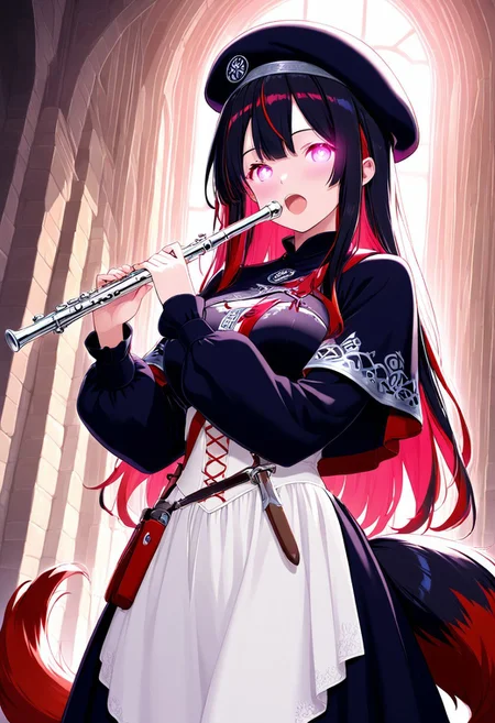 masterpiece, high quality, best quality, highres, 1girl, Kannachan, Pink glowing eyes, red and black tail, medieval, bard, flute, beret, bard's clothing, fox tail, singing