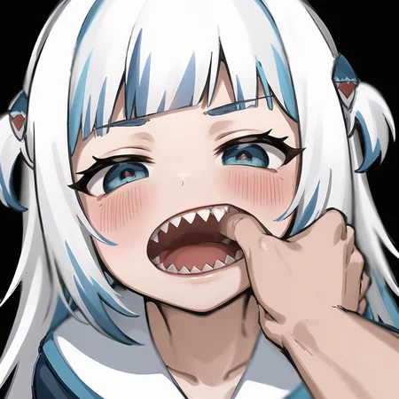 2d, masterpiece, best quality, anime, highly detailed eyes, highly detailed face, highly detailed background, perfect lighting, 1girl, solo, pov hands, finger in another's mouth, open mouth, fiday, sharp teeth, (gawr gura), hololive, virtual youtuber <lora:fang inspection day:0.7>