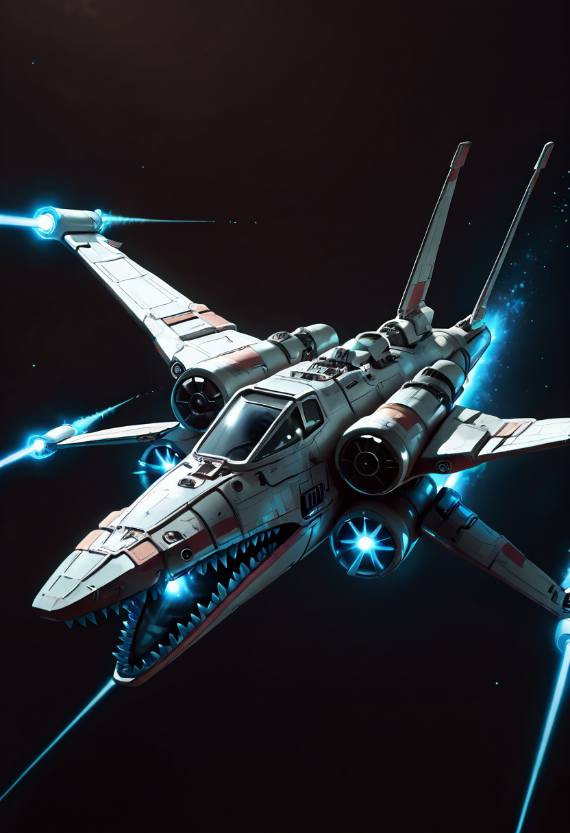 masterpiece, best quality, no humans,   ,<lora:SharkXShip_IXL:1.0>,  zzSharkXShip, gliding smoothly through the space above a glittering nebula, the shipâs body glistening under the nebulaâs swirling cosmic colors. Its shark-like fin is perfectly outlined against the nebulaâs colorful clouds, and its massive teeth are illuminated by the nearby star. The ship's glowing engines leave a trail of energy behind, highlighting its path as it glides with graceful menace. The deep space backdrop emphasizes the shipâs unique design as it prowls the vast emptiness.