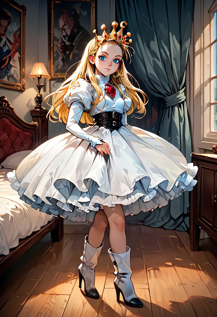 score_9, score_8_up, score_7_up, score_6_up, BREAK,uncensored, bedroom ,1girl, devilotte, long blonde hair, hair slicked back, crown, blue eyes,white dress, puffy juliet sleeves, high heel boots,