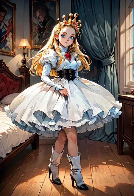 score_9, score_8_up, score_7_up, score_6_up, BREAK,uncensored, bedroom ,1girl, devilotte, long blonde hair, hair slicked back, crown, blue eyes,white dress, puffy juliet sleeves, high heel boots,