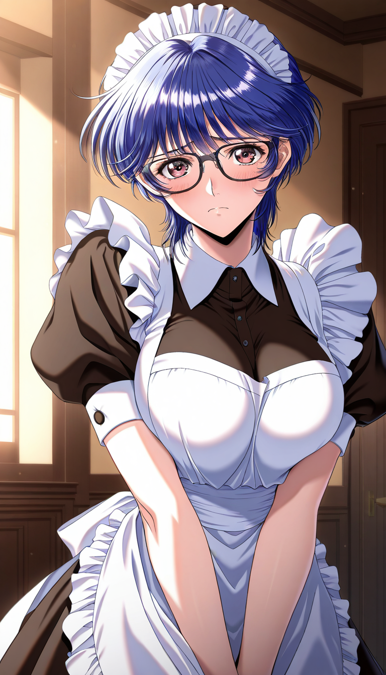 masterpiece, best quality, good quality, <lora:Kurata_arisu_IS:0.8> Kurata_arisu, blue hair,  blush, (no glasses:1.5)
short hair, large breasts,brown eyes, yokota mamoru style,
1girl, solo, maid, maid headdress, apron, short sleeves, looking at viewer, black-framed eyewear, maid apron, v arms, frown, sad, puffy sleeves, dress,
Western-style building in the room.