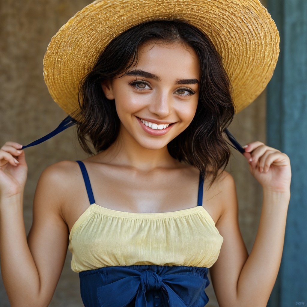 1girl, a small, petite, cute and beautiful Italian girl, dressed in a short and  skimpy summer yellow sundress with thin straps that slip from shoulders,  deep and low cleavage,  bare shoulders and back, black long hair wild and wavy under an oversized straw hat with a blue ribbon, dark eyes with long eyelashes and black eyeliner, big smile, (freckles,moles:0.25), white teeth, perfect teeth perfect hand and fingers,