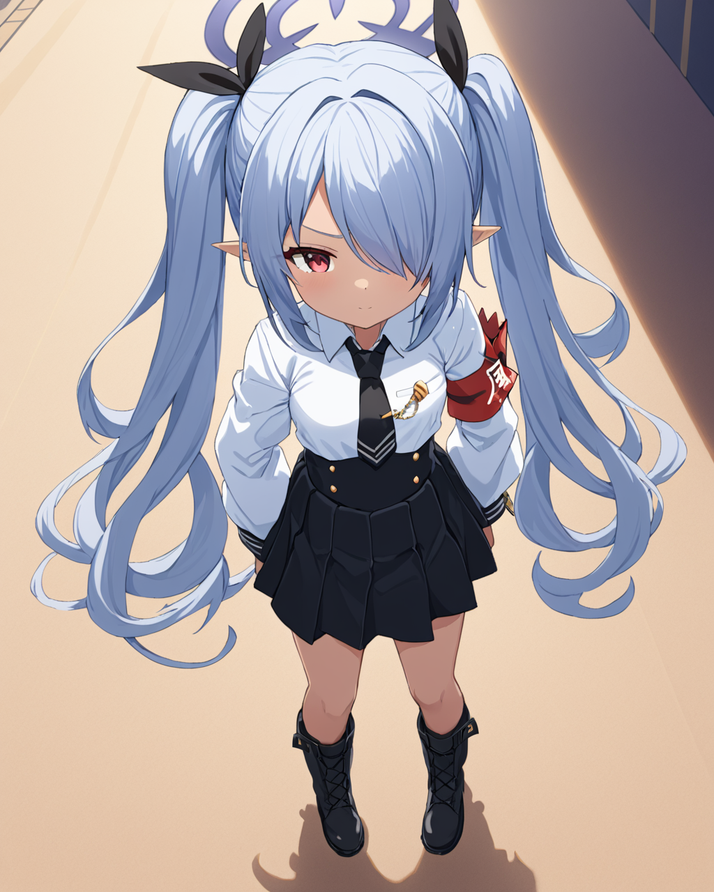 iori \(blue archive\),1girl, solo, armband, black_necktie, halo, twintails, demon_tail, crossed_arms, hair_over_one_eye, white_shirt, collared_shirt, black_skirt, boots, hair_ribbon, long_sleeves, dark-skinned_female, standing, pleated_skirt, black_ribbon, closed_mouth, from_above, kneehighs
<lora:iori_(blue_archive)_image2795_2023-11-27-000009:1>halo. gorgeous,key visual, vibrant, studio anime,award-winning, professional, highly detailed,high budget, cinemascope
