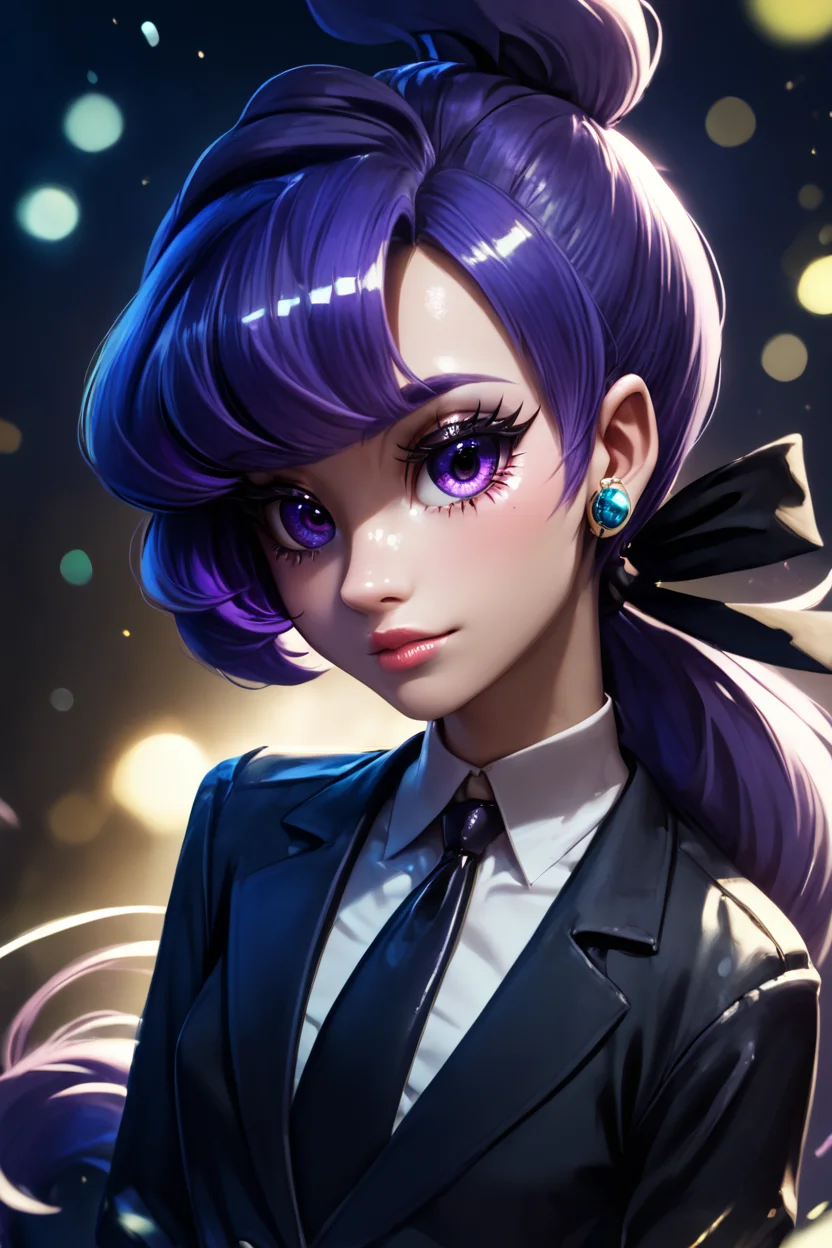 score_9, score_8_up, score_8, medium breasts, (curvy), cute, eyelashes,       BREAK, , ,,, zzAnabel, purple hair, purple eyes, long hair, ponytail, ribbon, hair ribbon, bangs, black ribbon, black suit, formal, black tie, black gloves, <lora:Anabel_Pokemon_PDXL:1.0>,    ,,,, BREAK,  (ultra realistic,32k, masterpiece:1.2),(high detailed skin:1.1),( high quality:1.1), head tilt, lips, closed mouth, shiny clothes, (upper body), looking at viewer, bokeh, luminescent background, ,,, embedding:zPDXL, Expressiveh, ,,, <lora:RlAnmPDXL:1.0>,