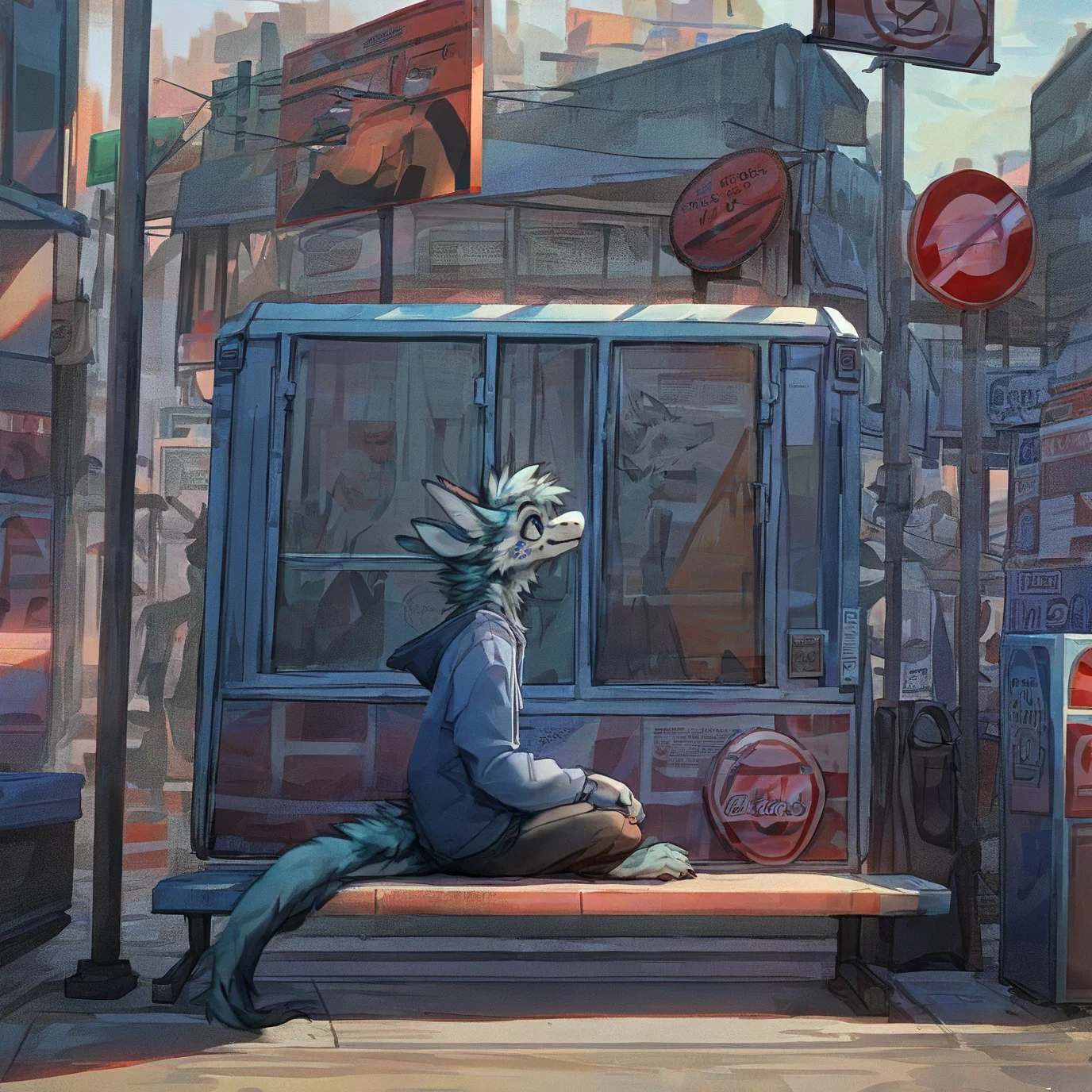 source_furry, furred dragon, blue fur, wearing a hoodie, sitting on the bench of a bus stop, bus stop sign, side walk, shops in background, <lora:Test 1 epoch5:0.8>, score_9, score_8_up, score_7_up,