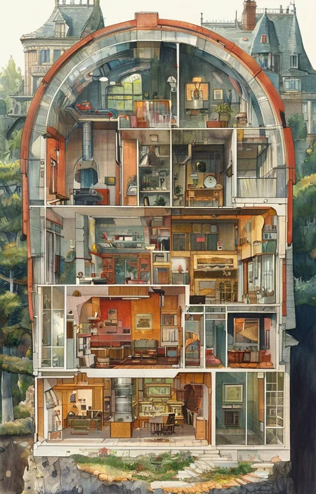 masterpiece,best quality,<lora:tbh242-sdxl:0.9>,illustration,style of Cutaway view portrait of Housework robots
