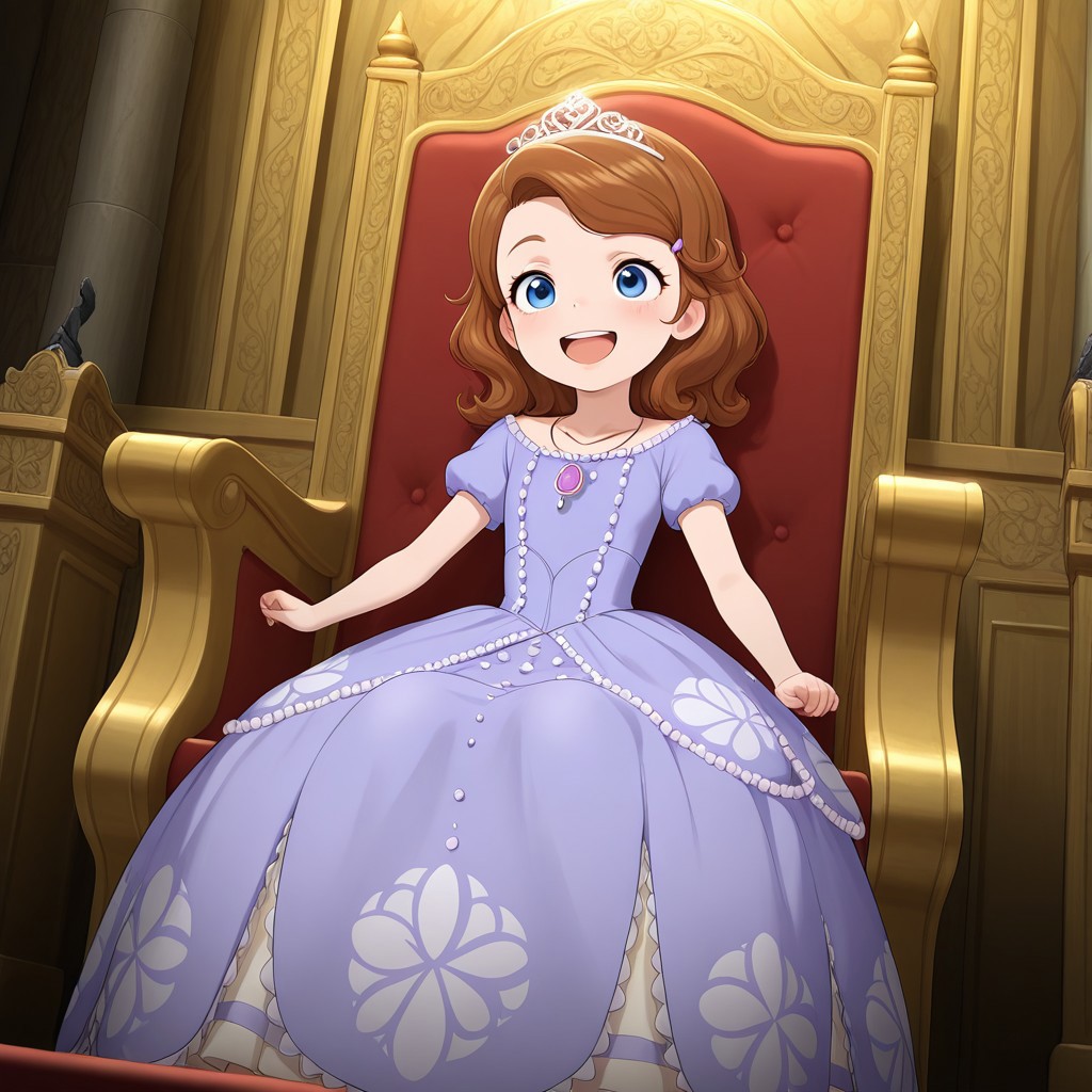 masterpiece, best quality, break, sofia_tf, female child, brown hair, blue eyes, tiara, dress, necklace, open smile, throne room, sitting, throne