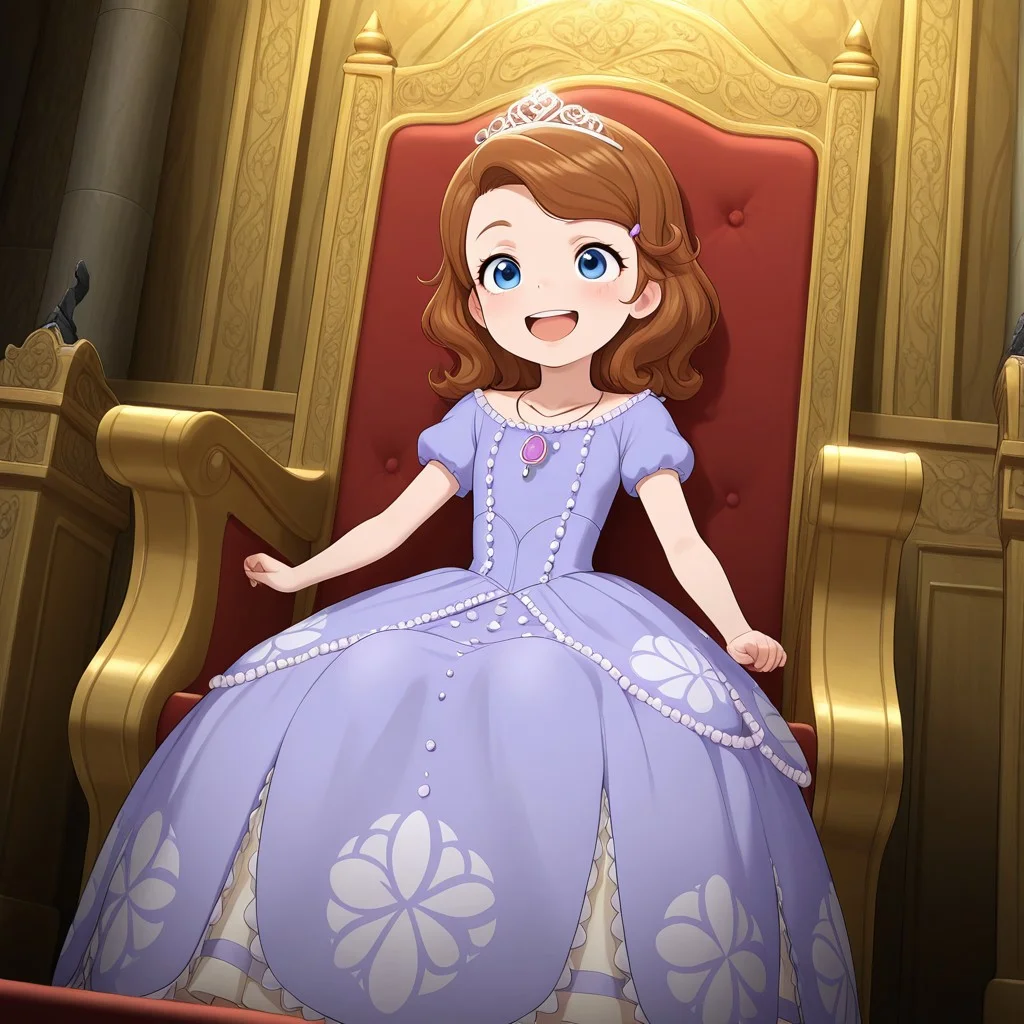 masterpiece, best quality, break, sofia_tf, female child, brown hair, blue eyes, tiara, dress, necklace, open smile, throne room, sitting, throne
