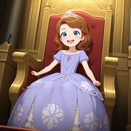 masterpiece, best quality, break, sofia_tf, female child, brown hair, blue eyes, tiara, dress, necklace, open smile, throne room, sitting, throne