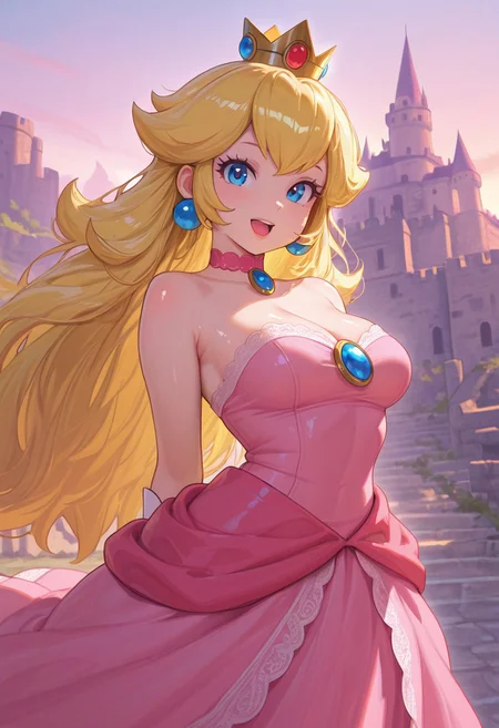 masterpiece ,best quality ,amazing quality, uttsft32,
princess peach,1girl,solo,jewelry,earrings,long hair,breasts,very long hair,big hair,choker,dress,medium breasts,bare shoulders,:d,outdoors,smile,open mouth,shiny,shiny skin,castle,