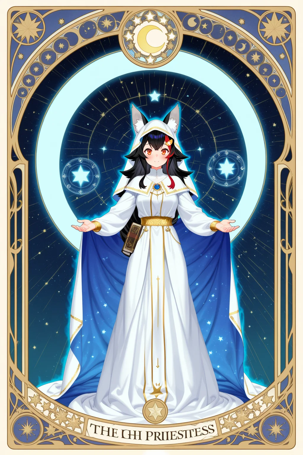 ookami mio,hololive,tarot card,the high priestess,mystical,arcane symbols,glowing moon,ornate robe,blue and silver color scheme,magical aura,long black hair,red eyes,seated pose,veil,crescent moon,ancient book,stars background,gothic,elegant,fantasy art,detailed illustration,symmetrical composition,art nouveau,alphonse mucha style,high detail,digital painting,tarot aesthetics,gold accents,
