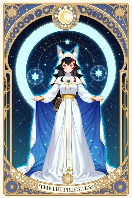 ookami mio,hololive,tarot card,the high priestess,mystical,arcane symbols,glowing moon,ornate robe,blue and silver color scheme,magical aura,long black hair,red eyes,seated pose,veil,crescent moon,ancient book,stars background,gothic,elegant,fantasy art,detailed illustration,symmetrical composition,art nouveau,alphonse mucha style,high detail,digital painting,tarot aesthetics,gold accents,