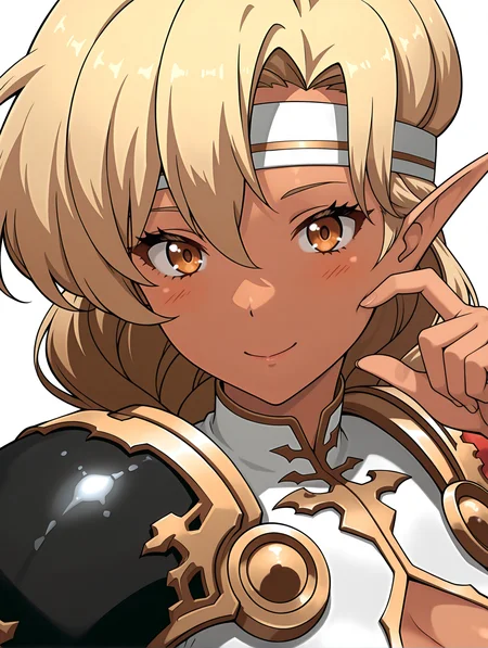masterpiece,best quality,newest,
1girl,solo,
<lora:sonia_ilxlv1.1:1>,sonia,pointy ears,dark-skinned female,headband,long hair,blonde hair,s_clothes,armor,shoulder armor,pauldrons,<lora:Fixhands_anime_bdsqlsz_V1:1>,looking_at_viewer,face_focus,white_background,simple_background,smile,profile,from_above,upper_body,scratching cheek,light_blush,