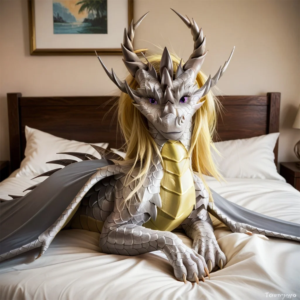core_9, score_8_up, score_7_up, score_6_up, masterpiece, high quality, realistic, detailed, best quality, solo, rating_safe, source_furry, bedroom, smiling, seductive, looking at viewer, on bed, negative_hand, full body, feral, azaries_amnera, dragon, blonde hair, purple eyes, gray scales, wings, horns, tail, claws, female, 1girl, lying on side