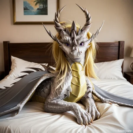 core_9, score_8_up, score_7_up, score_6_up, masterpiece, high quality, realistic, detailed, best quality, solo, rating_safe, source_furry, bedroom, smiling, seductive, looking at viewer, on bed, negative_hand, full body, feral, azaries_amnera, dragon, blonde hair, purple eyes, gray scales, wings, horns, tail, claws, female, 1girl, lying on side