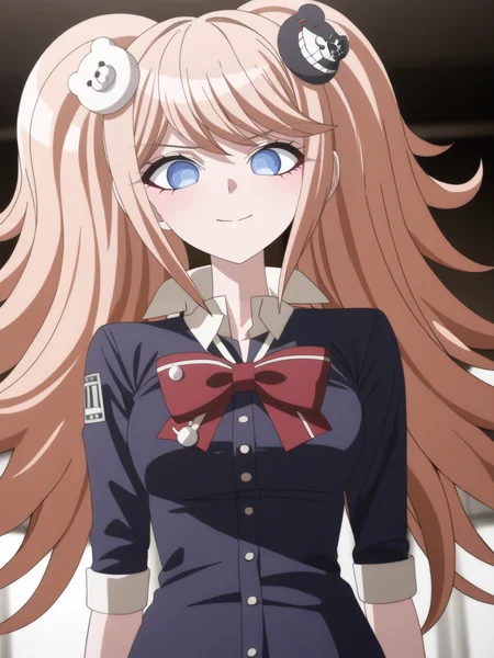 best quality,masterpiece,highres,absurdres,1girl,solo,newest,rating: general, <lora:JunKo_XL:1> ,(junko, long hair, blue eyes, twintails, enoshima junko, bangs, shirt, hair ornament, bear hair ornament, bow, looking at viewer)