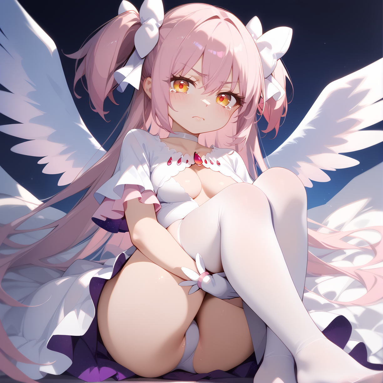 (score_9,score_8_up,score_7_up) BREAK uncensored BREAK 1girl,solo,(medium breasts:1.4),
disgust,scowl,closed mouth,tears,
BREAK
BREAK feet,(foot_focus:1.3),
BREAK
BREAK
BREAK
BREAK
BREAK (hugging own legs:1.6),angel wings,
BREAK <lora:madoka_god>,
(ultimate madoka,kaname madoka,long hair,pink hair,very long hair,bangs,hair between eyes,two side up,white bow,yellow eyes),(choker,white choker,gloves,white gloves,underboob,underwear,clothing cutout,cleavage cutout,covered navel,wide sleeves,frills,dress,white dress,frilled dress),(thighhighs,white thighhighs),univers,