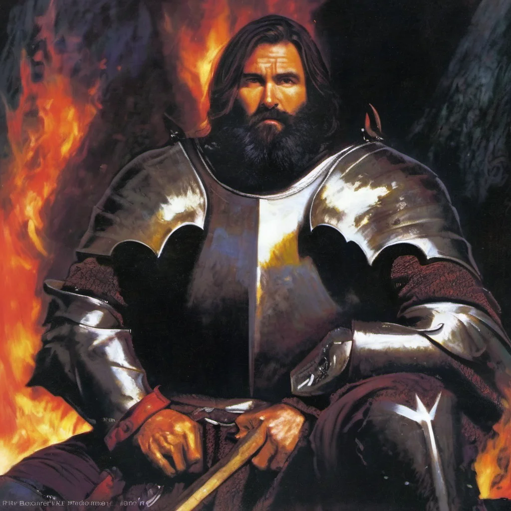 Makar, gothic armor, pale skin, upper part in frame, knight male, near the bonefire, black beard, thick beard, medieval clothing, dark clothes, long sleeves, short hair, sitting near bonefire, face with wrinkles, bruises under the eyes, night dark forest, starry sky, (((film grain))), (warm colors), 1990s fantasy art, (by Jeff Easy, by Julie Bell), solo, 1man <lora:corluka_sdzl:1> <lora:gothic armor:1>