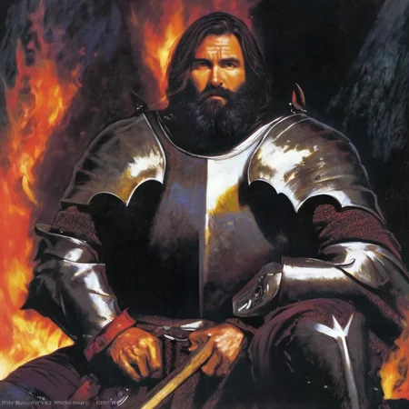 Makar, gothic armor, pale skin, upper part in frame, knight male, near the bonefire, black beard, thick beard, medieval clothing, dark clothes, long sleeves, short hair, sitting near bonefire, face with wrinkles, bruises under the eyes, night dark forest, starry sky, (((film grain))), (warm colors), 1990s fantasy art, (by Jeff Easy, by Julie Bell), solo, 1man <lora:corluka_sdzl:1>  <lora:gothic armor:1>