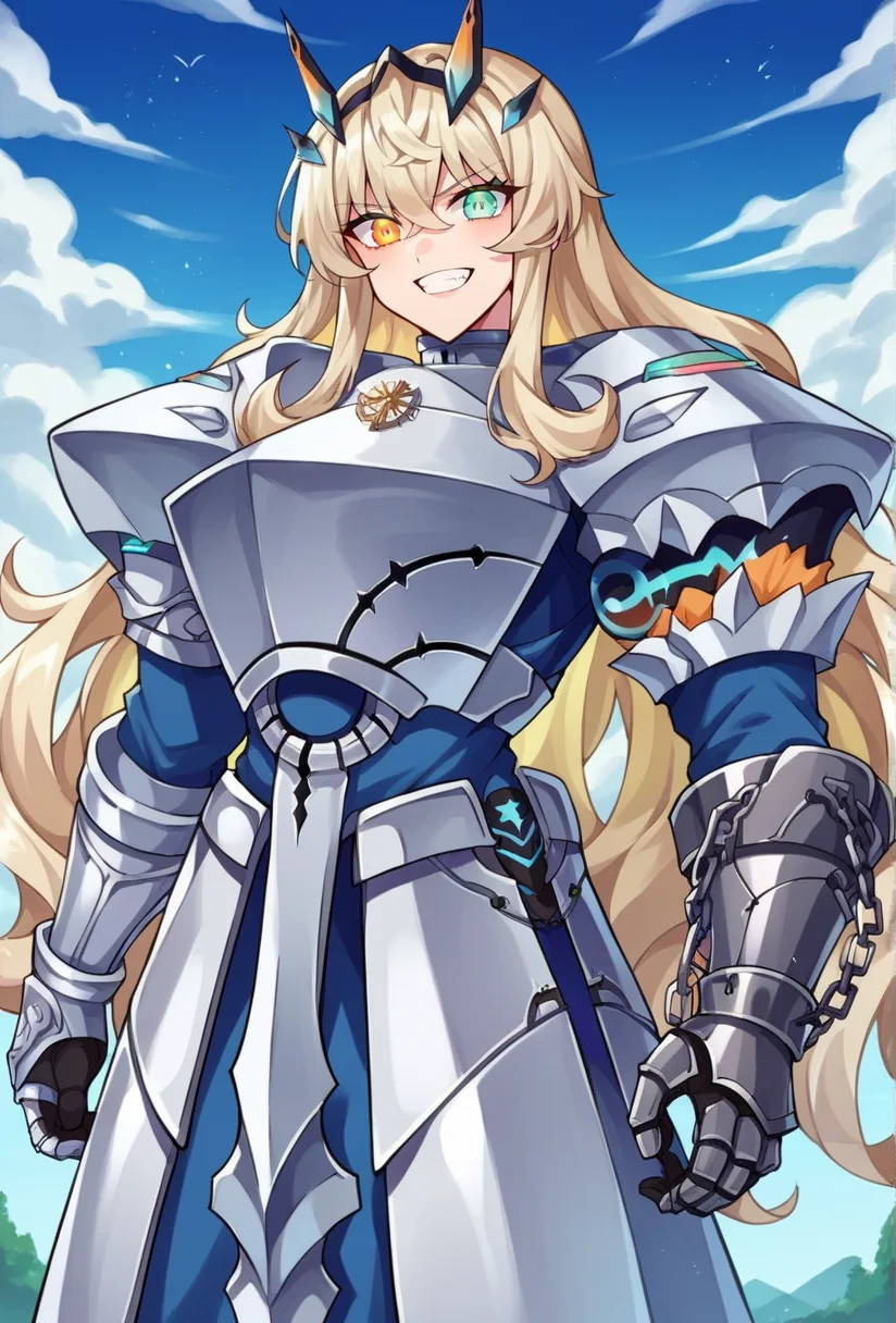 score_9, score_8_up, score_7_up, source_anime BREAK 1girl, solo, looking at viewer, cowboy shot, <lora:Barghest_Sdxl-11:0.9>, Barghest_Armored, platinum blonde hair, crossed bangs, very long hair, wavy hair, heterochromia, glowing eyes, full armor, glowing armor, armored dress, brooch, collar,shoulder armor, chain, pauldrons, gauntlets, breastplate, boobplate, gloves, armored boots, faulds, vambraces, muscular female, long sleeves, outdoorsm blue sky, medieval, evil grin,