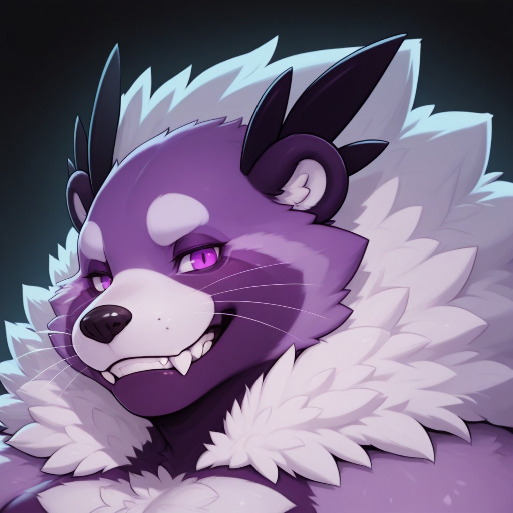 unparalleled masterpiece, detailed background, best quality, absurd res, high detail, aesthetic, smooth drawing,
BentoC, furry male, viverrid, werebinturong, huge, fluffy, face focus, toothy grin, looking at viewer, purple eyes, fangs, black background, whiskers,