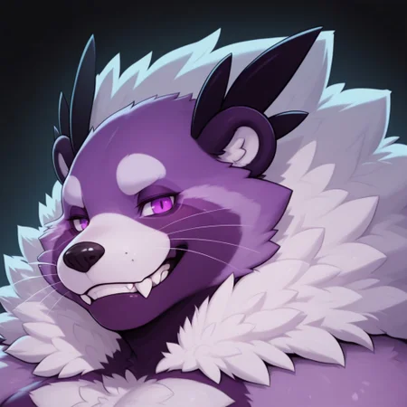 unparalleled masterpiece, detailed background, best quality, absurd res, high detail, aesthetic, smooth drawing,
BentoC, furry male, viverrid, werebinturong, huge, fluffy, face focus, toothy grin, looking at viewer, purple eyes, fangs, black background, whiskers,