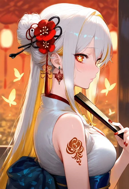 masterpiece, best quality, amazing quality, very aesthetic, absurdres,<lora:GEN(illust) 0.2v:1>,
1girl, solo, long hair, looking at viewer, hair ornament, holding, jewelry, upper body, flower, sidelocks, earrings, japanese clothes, hair flower, hair bun, nail polish, blurry, from side, symbol-shaped pupils, tattoo, blurry background, chinese clothes, bug, butterfly, hand fan, sideways glance, folding fan, holding fan, flower-shaped pupils, plum blossoms, multicolored hair, white hair, yellow hair, orange theme
