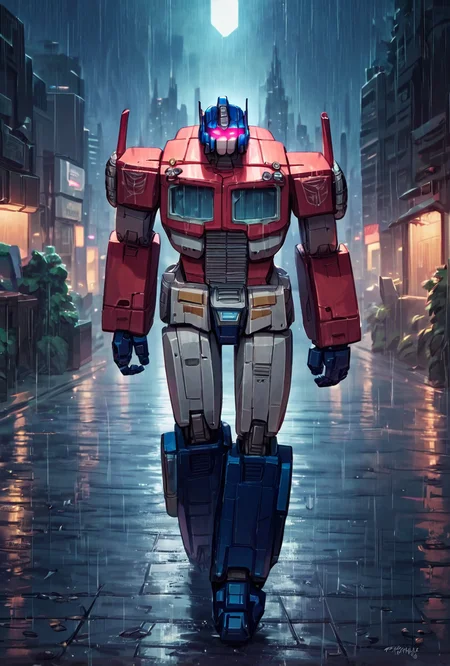score_9, score_8_up, score_7_up,, good quality ,, character focus, solo, , best quality <lora:optimus-10:1> optimus, robot, mecha, autobot, solo, full body mountain background, walking in city, night time, raining, sad, glowing eyes, cowboy shot, upper body, zoomed in