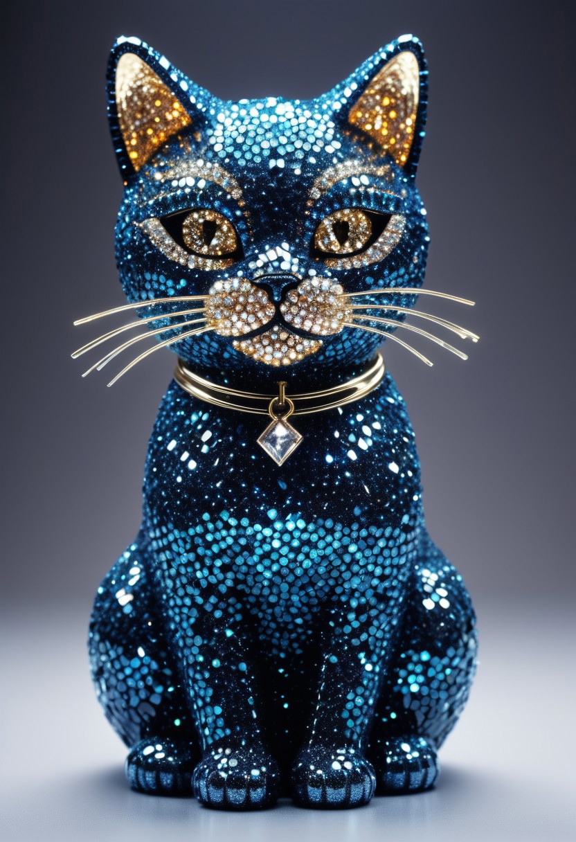 A fabulous cat made of crystals with flair, humor, and a touch of sparkle. electric vibes, glares and rogue glitter