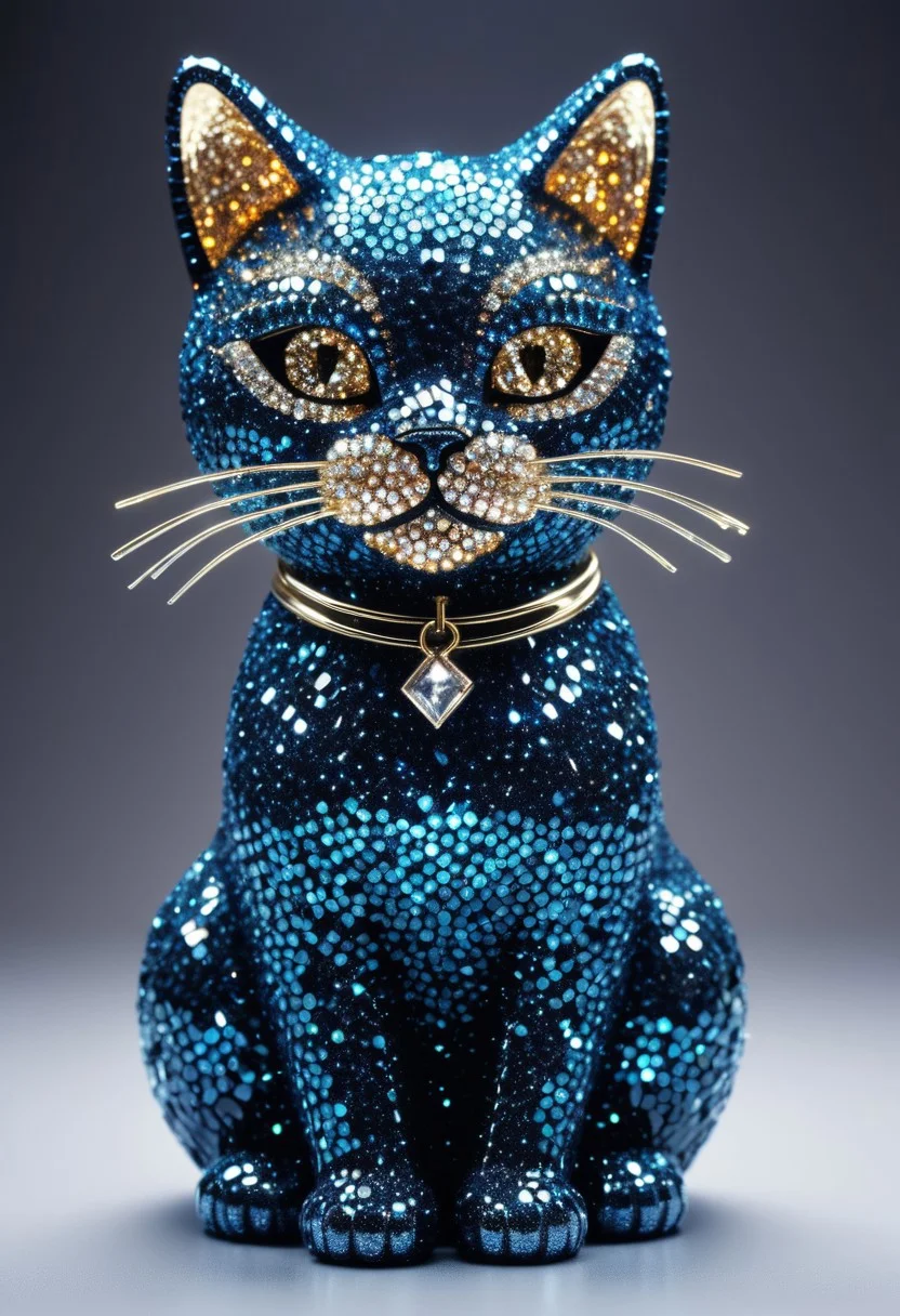 A fabulous cat made of crystals with flair, humor, and a touch of sparkle. electric vibes, glares and rogue glitter
