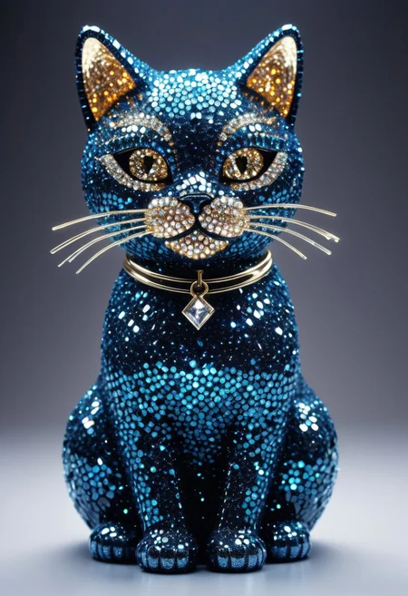 A fabulous cat made of crystals with flair, humor, and a touch of sparkle. electric vibes, glares and rogue glitter