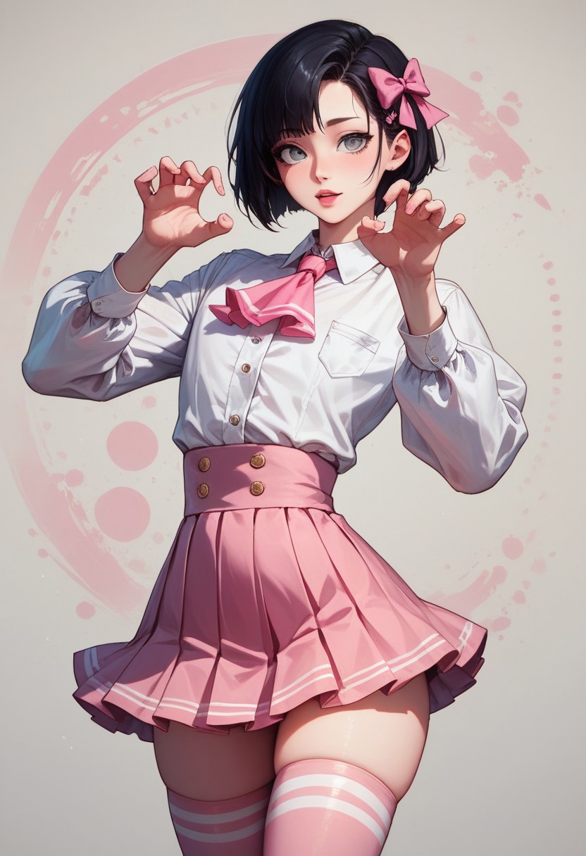 score_9, score_8_up, score_7_up, 1boy, femboy, otoko no ko, short hair, bob cut hair, black hair, grey eyes, gray eyes, feminine face, toned body, Shelly, white shirt, long sleeves, buttons, ascot, pink mini skirt, pink mini-skirt, thighhighs, pink thighhighs, hair bow, highly detailed, intricate, zzCitronCAT, cute pose, modelshoot, abstract background, cowboy shot, solo