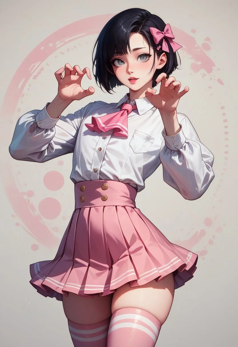 score_9, score_8_up, score_7_up, 1boy, femboy, otoko no ko, short hair, bob cut hair, black hair, grey eyes, gray eyes, feminine face, toned body, Shelly, white shirt, long sleeves, buttons, ascot, pink mini skirt, pink mini-skirt, thighhighs, pink thighhighs, hair bow, highly detailed, intricate, zzCitronCAT, cute pose, modelshoot, abstract background, cowboy shot, solo