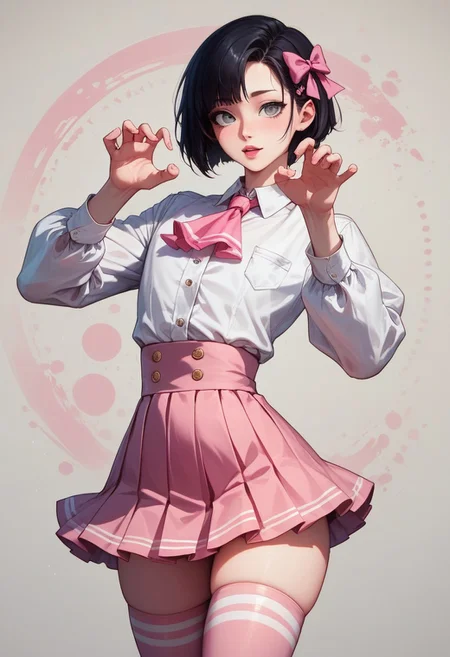 score_9, score_8_up, score_7_up, 1boy, femboy, otoko no ko, short hair, bob cut hair, black hair, grey eyes, gray eyes, feminine face, toned body, Shelly, white shirt, long sleeves, buttons, ascot, pink mini skirt, pink mini-skirt, thighhighs, pink thighhighs, hair bow, highly detailed, intricate, zzCitronCAT, cute pose, modelshoot, abstract background, cowboy shot, solo