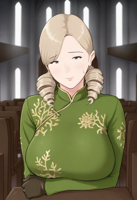 masterpiece, best quality, amazing quality, 1girl, mature_female, solo, large breasts, Pretending to be a pirate with a hook hand, panorama, Coral changpao, twin drills, bun, Dirty Blonde hair, church, cropped_torso, <lora:Illustrous\horsetail_illu:1.0>