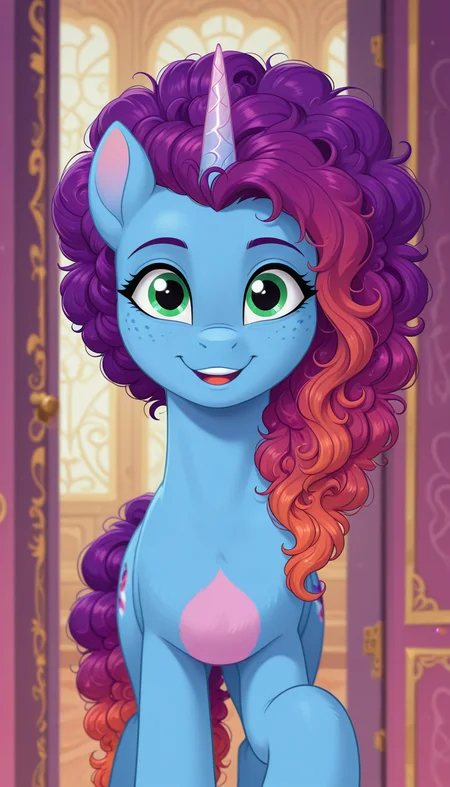 masterpiece, , (SOLO: 1.2) my little pony, friendship is magic, wild, detailed background, digital drawing, pony earth ponies, OBSTRUCTED BACKGROUND, FRONT VIEW, looking at viewer, hello, happy, hoof up
, Misty Brightdawn , unicorn, pony, freckles, blue body, green eyes, curly hair rebirth look, gradient hair, purple and orange (hair,curly hair, curly hair slicked back:1.3) <lora:Misty_Brightdawn323:0.7>
