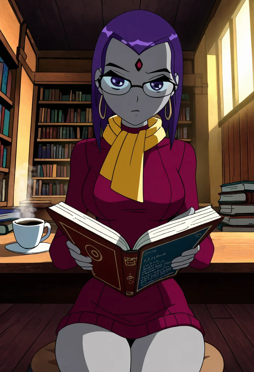 masterpiece, best quality, solo, curvy, beautiful eyes,  narrow waist, wide hips,  zzRaven, purple eyes, purple hair, short hair, grey skin, forehead jewel, colored skin,  ,       <lora:RavenTT_IXL:1.0>,   dynamic angle, foreshortening, close up, [Cozy Intellectual Charm], Warm turtleneck sweater, small hoop earrings, reading glasses, soft scarf, Sitting at a wooden table in a quiet library, steam curling from a coffee cup, surrounded by books and ambient golden lighting through tall windows.