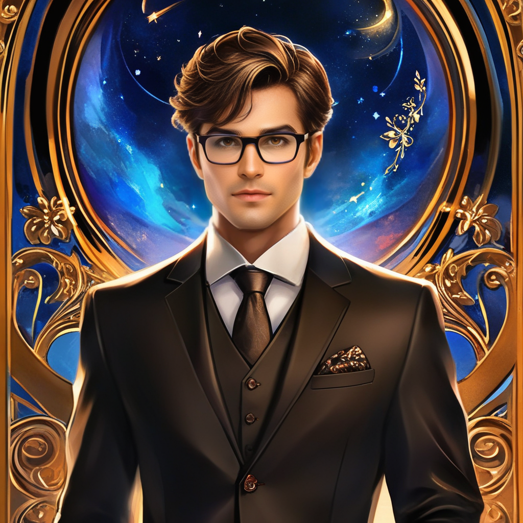 Dreamscape  male, brown hair, brown eyes, glasses, clothes in black suit, art style  <lora:Rouz XL:0.7> rouz . Surreal, ethereal, dreamy, mysterious, fantasy, highly detailed