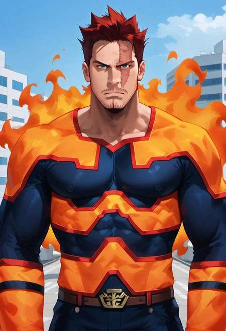 score_9_up, score_8_up, score_7_up, masterpiece, best quality, amazing quality, very aesthetic, absurdres, newest, high quality, detailed, male, solo male, Endeavor, 1boy, mature male, human, broad shoulders, muscular, buff, dark red hair, blue eyes, facial hair, mustache, beard, goatee, scar, bara, hero uniform, flames, flame mask, flame beard, flame facial hair, hero, blue bodysuit, fire, standing, half body, looking at viewer, scowl, outdoors, rooftop, half body, dynamic shot, cowboy shot