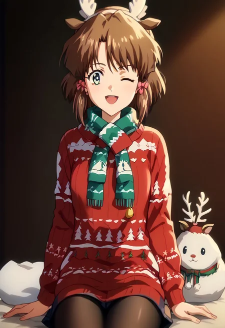 score_9, score_8_up, score_7_up, score_6_up, score_5_up, score_4_up, masterpiece, ultra-detailed, high resolution,
christmas_sweater, 1girl, Kaya, one eye closed, pantyhose, green scarf, reindeer antlers, smile, santa hat, christmas, scarf, hat, sitting, antlers, fake antlers, open mouth, red sweater, looking at viewer, sack, black pantyhose,
anime screencap