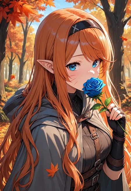 masterpiece, best quality, very awa, 1girl, autumn leaves, black gloves, black hairband, blue flower, blue rose, fingerless gloves, flower over mouth, flower to mouth, grey cloak, holding flower, leaf, long hair, looking at flowers, looking at viewer, maple leaf, orange hair, petals, pointy ears, rose, smelling flower, solo, tree, upper body, very long hair, nature background, alternate hair length, swept bangs, looking at viewer, whisker marks, (slightly from side:0.5)