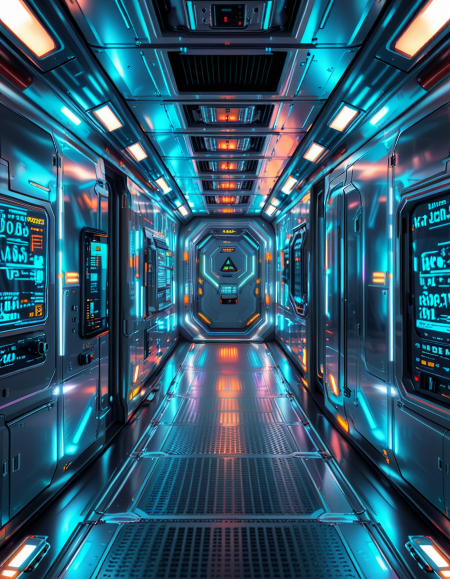 A highly detailed futuristic spaceship corridor, illuminated by soft neon blue and purple lights. The walls are made of sleek metallic panels, with glowing circuits and holographic displays integrated into the design. The floor is reflective and polished, with a faint grid pattern that emits a subtle white glow. Pipes and cables run along the ceiling, interspersed with small ventilation grids and blinking lights. The corridor stretches into the distance, creating a sense of depth, with a slight curve that hints at the massive scale of the spacecraft. The atmosphere feels clean, modern, and slightly sterile, with a sci-fi aesthetic inspired by movies like Blade Runner and Star Wars. The overall lighting is ambient and slightly dim, accentuating the futuristic ambiance. No characters or people are present, focusing entirely on the corridor's architecture and design.<lora:SDXLFaeTastic2400:0.4> <lora:extremely_detailed:0.4> extremely detailed, <lora:futuristic_spaceship_c0rr1d0r:1>,futuristic spaceship c0rr1d0r, Masterpiece,best quality,hi res,8k,hi res,8k,award winning,(sharp focus, intricate, highly detailed),