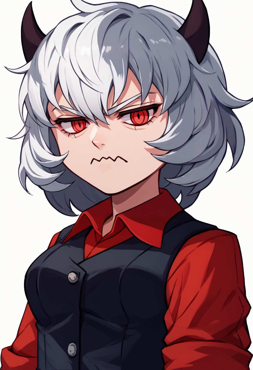 score_9, score_7_up, zeroazureportraits, simple background, white background, solo, upper body, 1girl, htmalina, unamused, looking at viewer, wavy mouth, standing, demon horns, red shirt, sleeves rolled up, black vest, waistcoat <lora:zs_ZeroAzurePortraitsXL:1> <lora:helltaker_malina_ponyXL:1>