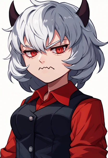 score_9, score_7_up, zeroazureportraits, simple background, white background, solo, upper body, 1girl, htmalina, unamused, looking at viewer, wavy mouth, standing, demon horns, red shirt, sleeves rolled up, black vest, waistcoat <lora:zs_ZeroAzurePortraitsXL:1> <lora:helltaker_malina_ponyXL:1>